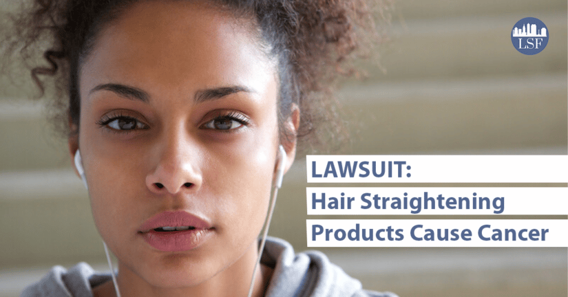 black woman facing camera with text lawsuit: hair straightening products cause cancer