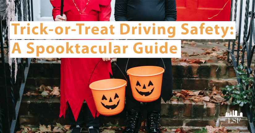 children carrying pumpkin buckets for trick or treat standing on a stoop with text overlay that reads trick or treat driving safety: a spooktacular guide
