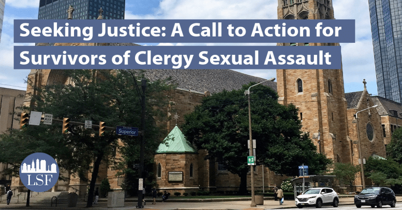 Text overlay says "Seeking Justice: A Call to Action for Survivors of Clergy Sexual Assault" photo background: Catholic Diocese of Cleveland
